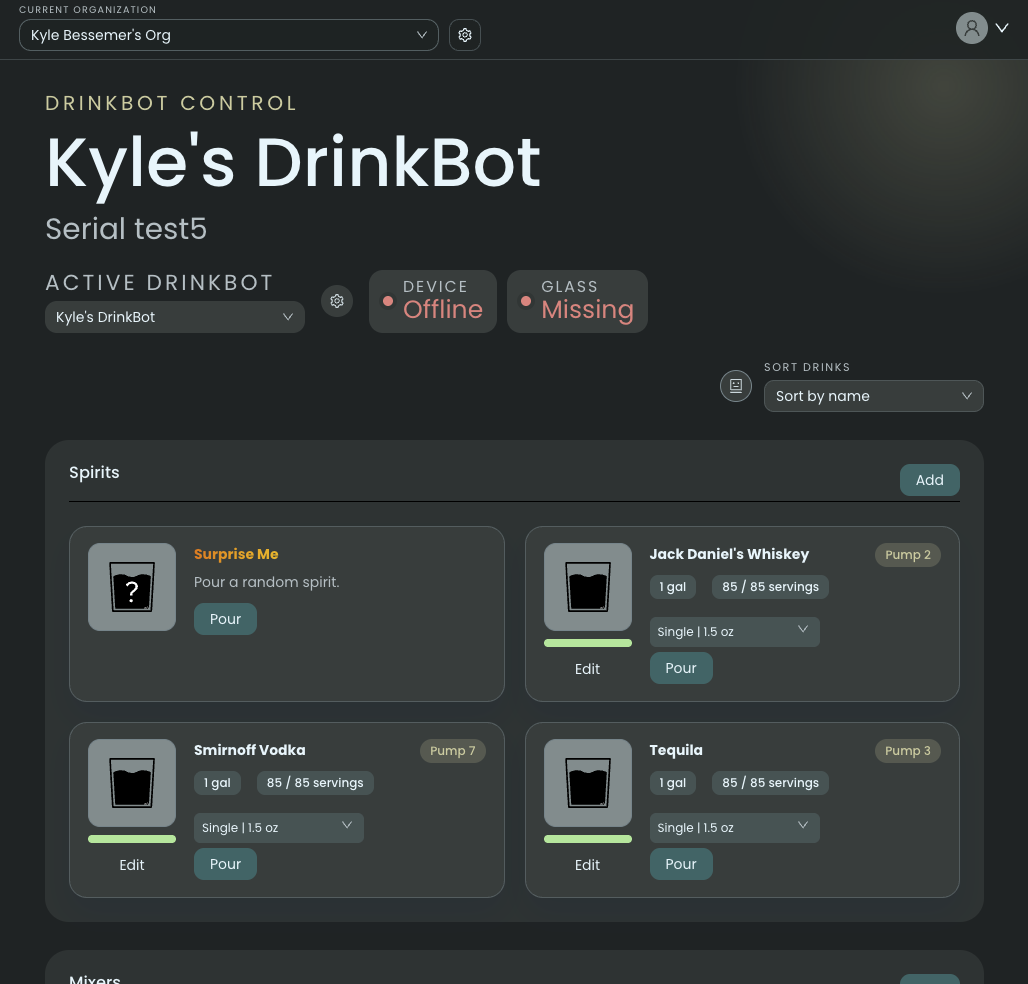 DrinkBot dashboard view