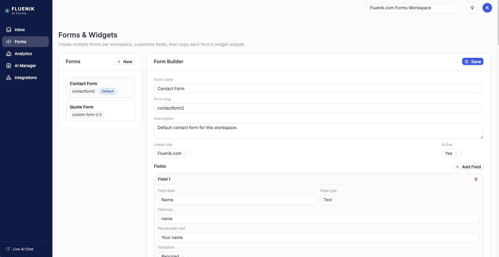 Fluenik AI Forms drag-and-drop form builder
